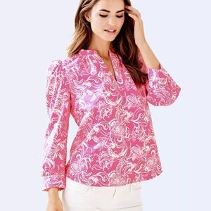 💗Gwyneth Paltrow Goop X Lilly Pulitzer Hotty Pink Kiss Kiss Blouse 💗